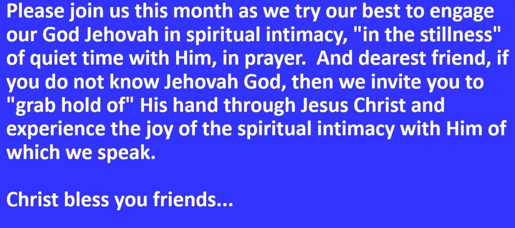 Please join us in April 2024. Spiritual intimacy with God. His outstretched hand take, pierced hand take, reach, just now. Christ bless you dear friends....